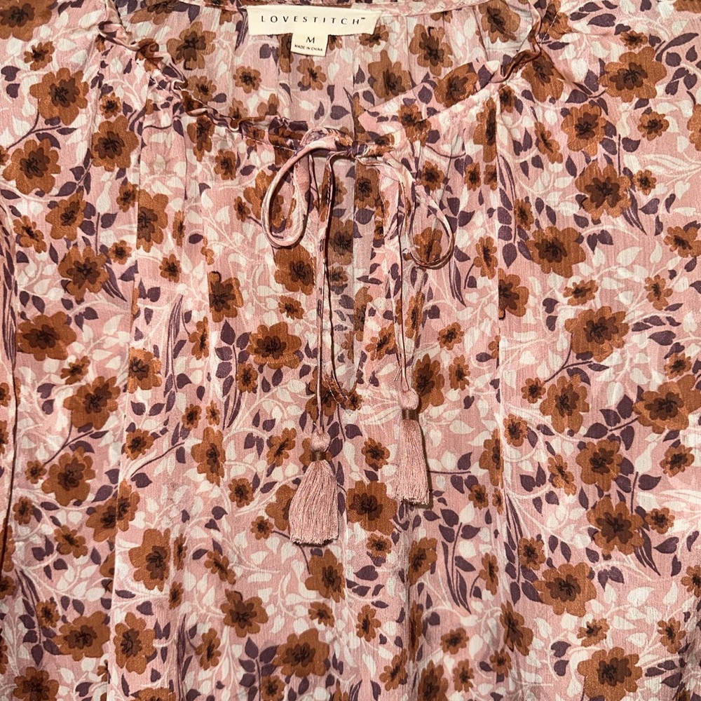 Lovestitch Boho Floral Peasant Top M Pink Brown Ruffle Bell Sleeve Cottagecore - Picture 3 of 7